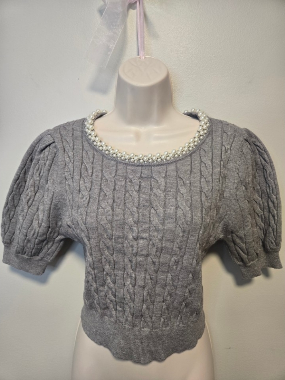 REVOLVE Camila Coelho Gray Cable-Knit Short Sleeve Sweater with Pearl-Neck Trim